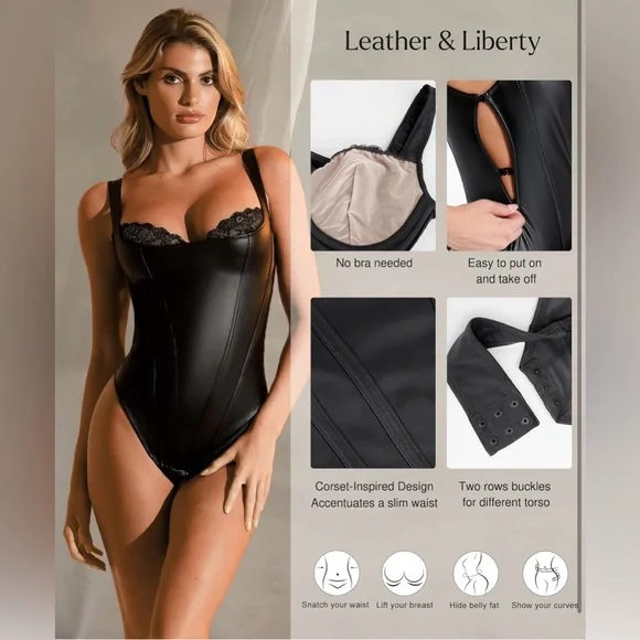 Popilush Leather Corset Lace Shapewear Bodysuits Tummy Control Faux Leather - Picture 3 of 9